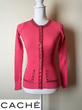 VTG Cache Coral / Pink Ribbed Knit Cardigan Studded Leather Trim Sweater Size XS
